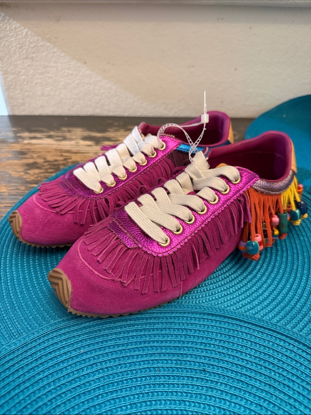 NEWKurt Geiger London Islington Suede Beaded Tassel Fringe Sneakers Fuschia- 9.5